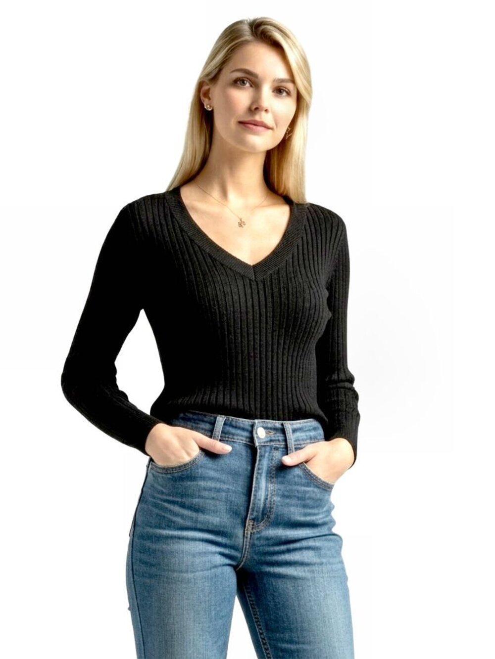 Autumn Cashmere Ribbed V-Neck Sweater - Distressed Sleeves, Black Womens Size XS